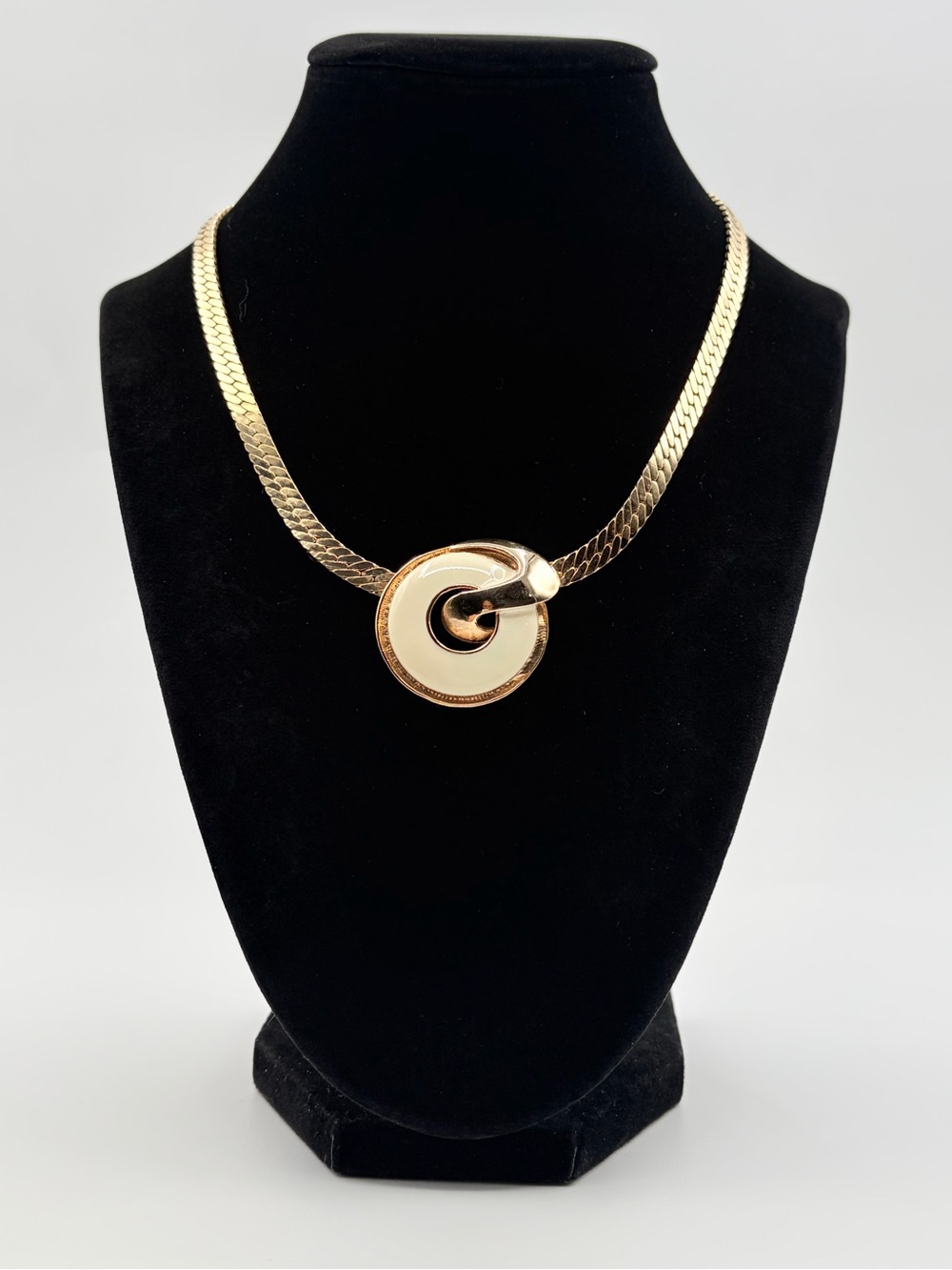 Gold Tone Herringbone Chain Necklace with Integrated Pendant